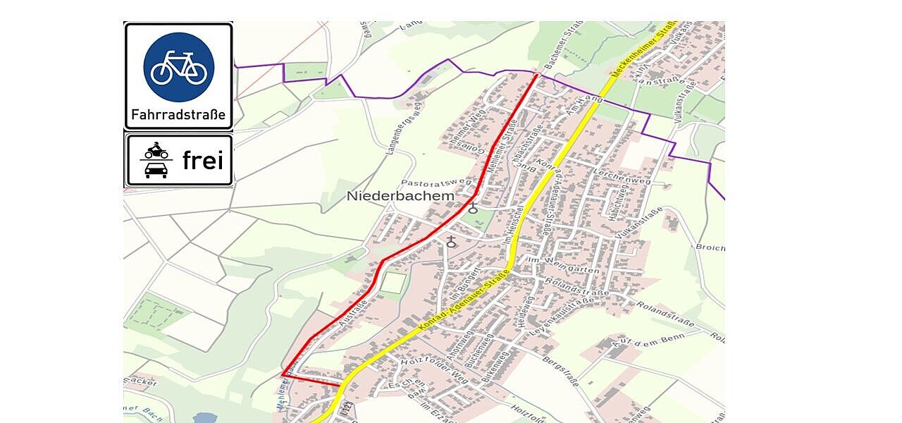 Bilddatei_Fahrradstraße Das Schaubild zeigt den geplanten Verlauf von zwei Fahrradstrassen in Wachtberg-Niderbachem
