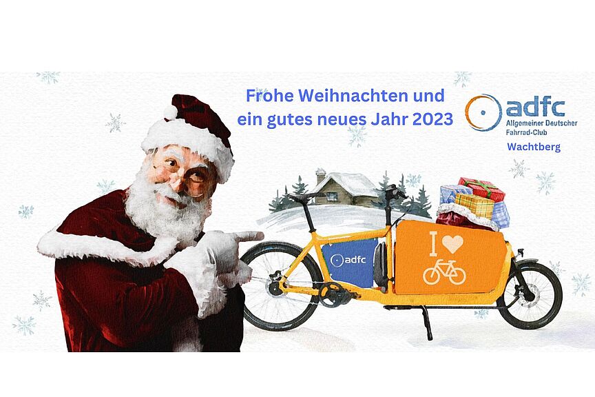 Frohe Weihnachten und ein gutes neues Jahr Das Bild zeigt einen Weihnachtsmann mit ADFC-Lastenrad statt Rentierschlitten