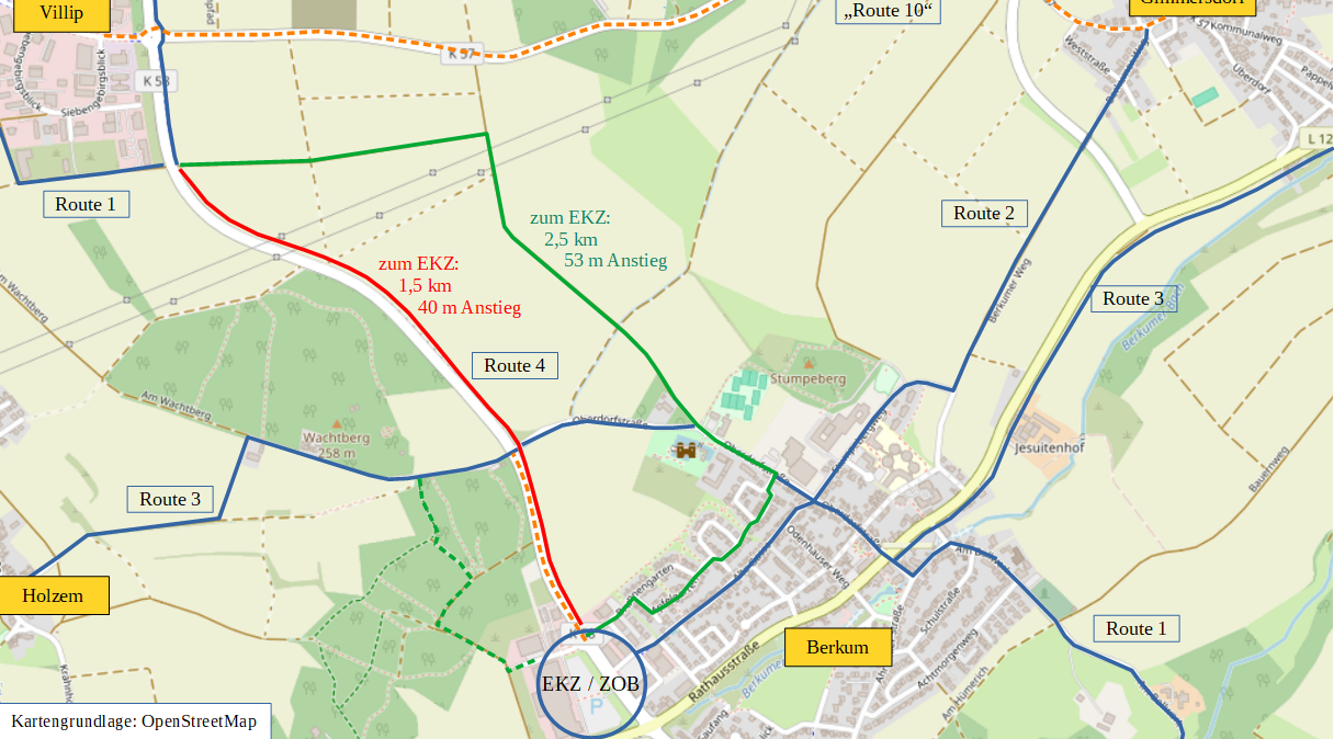 Die Karte zeigt die auf das Einkaufszentrum in Berkum verlaufenden Radwege und verdeutlicht, dass der neue Radweg Strecke und Steigung deutlich verringert.