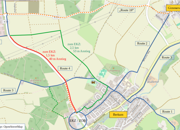 Die Karte zeigt die auf das Einkaufszentrum in Berkum verlaufenden Radwege und verdeutlicht, dass der neue Radweg Strecke und Steigung deutlich verringert.