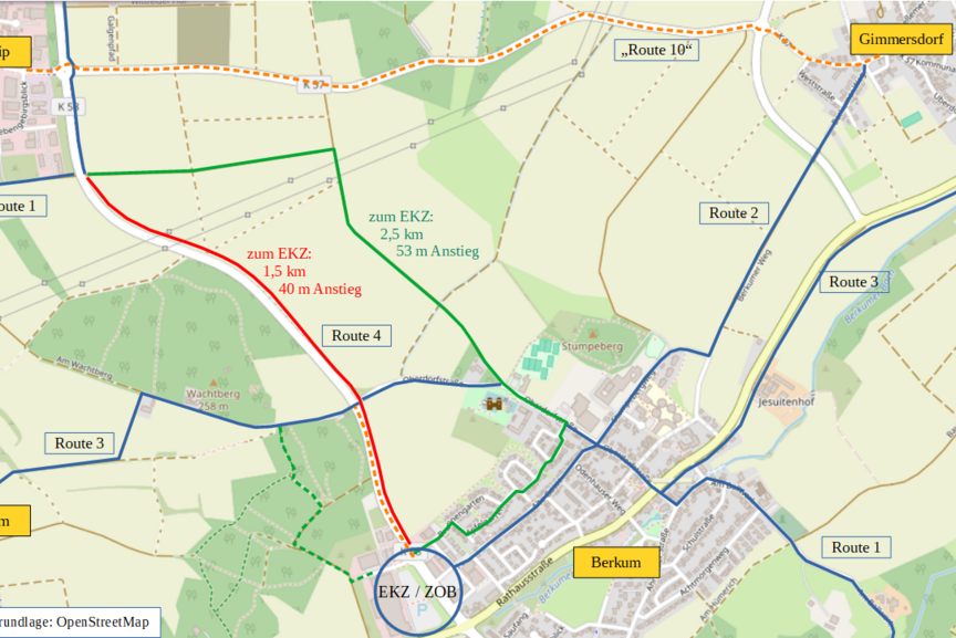 Wege zum EKZ Die Karte zeigt die auf das Einkaufszentrum in Berkum verlaufenden Radwege und verdeutlicht, dass der neue Radweg Strecke und Steigung deutlich verringert.