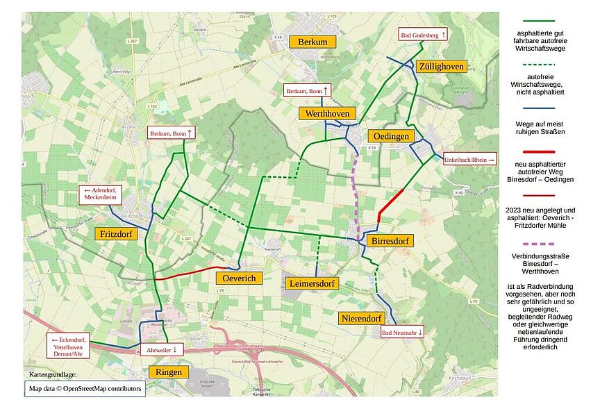 Neue Radverbindung von Oedingen nach Birresdorf Das Foto zeigt eine Radverbindung voin Oedingen nach Birresdorf auf einer Open Street Maps Karte