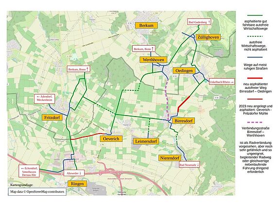 Das Foto zeigt eine Radverbindung voin Oedingen nach Birresdorf auf einer Open Street Maps Karte