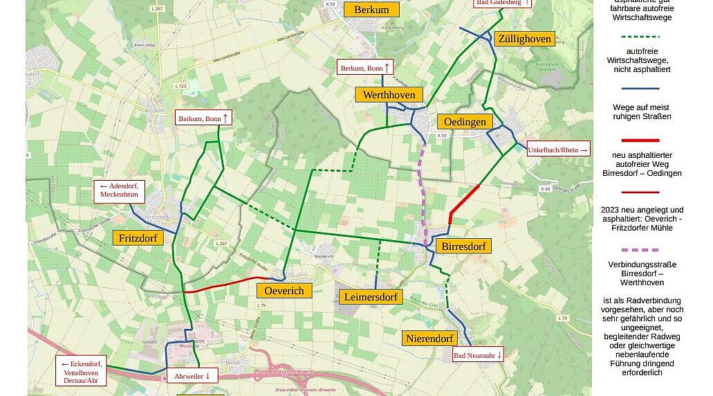 Das Foto zeigt eine Radverbindung voin Oedingen nach Birresdorf auf einer Open Street Maps Karte