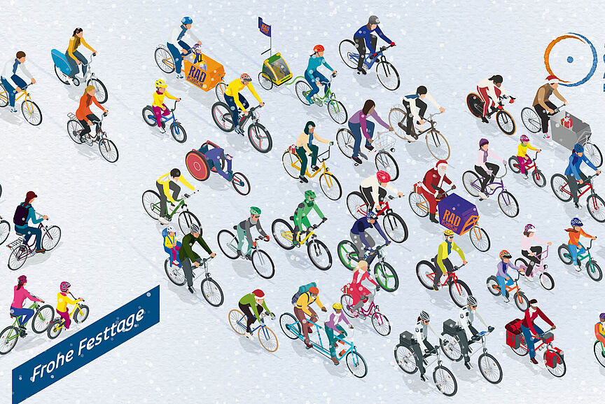 Weihnachten 2023 Das Bild zeigt die Weihnachtskarte 2023 des ADFC mit vielen bunten Piktogrammen von Radfahrenden und dem Wunsch: Frohe Festtage!