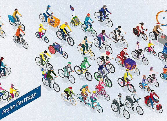 Das Bild zeigt die Weihnachtskarte 2023 des ADFC mit vielen bunten Piktogrammen von Radfahrenden und dem Wunsch: Frohe Festtage!