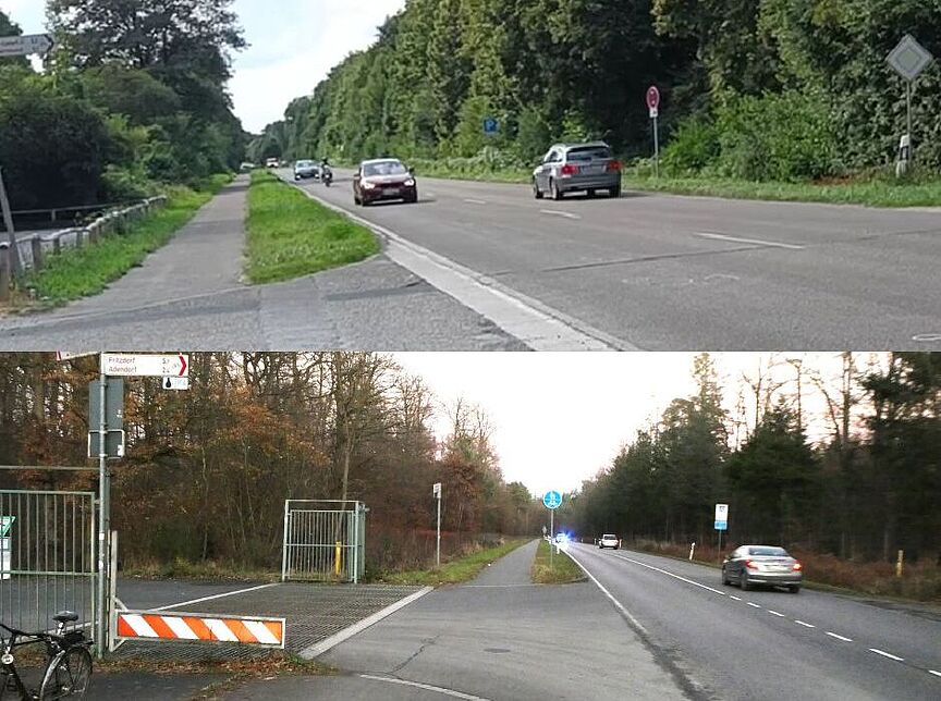 Querung Parkplatz Drei Steine L158 Das Bild zeigt die gefährlicher Überquerungssituation der Landstraße L 158 aus dem Kottenforst von Adendorf kommend zum Parkplatz Drei Steine, nahe Villiprott