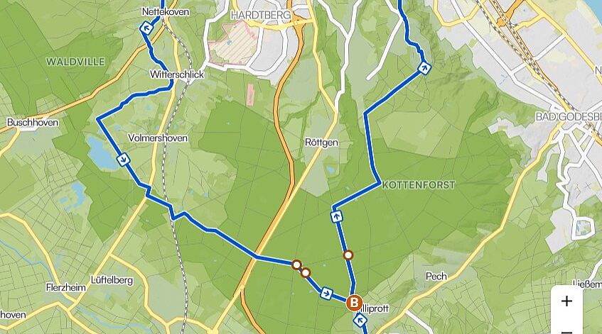 Das Bild zeigt den Tourenverlauf in Komoot