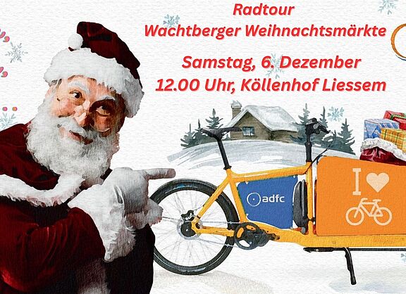 Das Foto zeigt einen stilisierten Weihnachtsmann mit Schlitten und die Daten der Tour am 6. Dezember